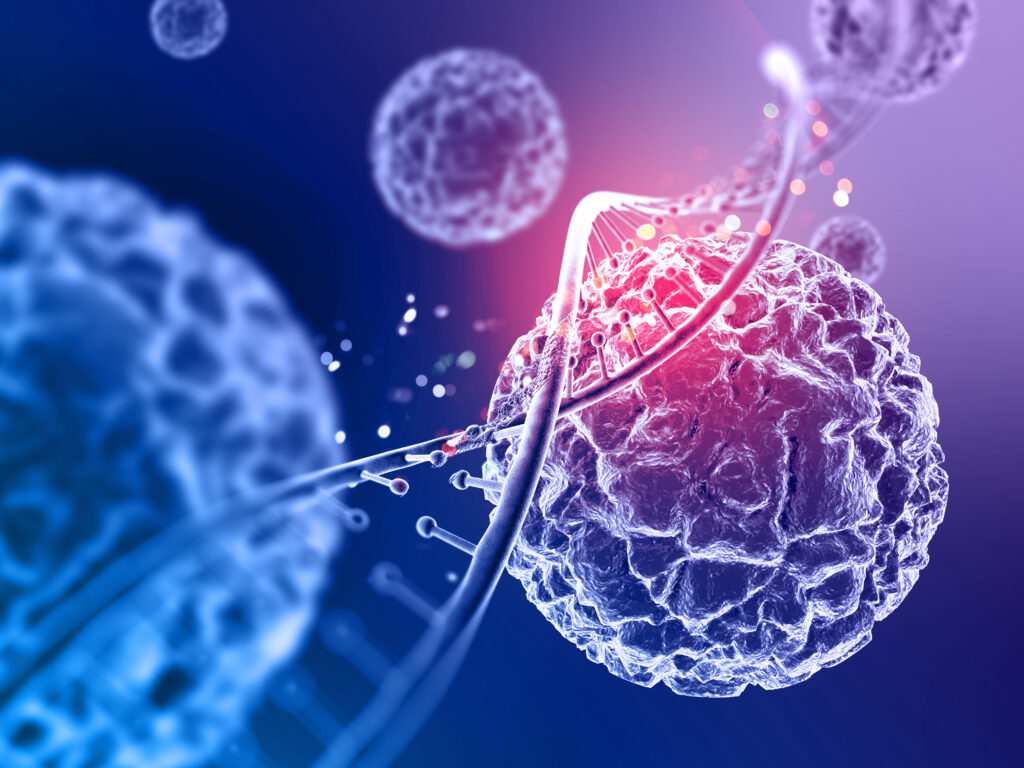 3d medical background with close up of virus cells and dna stran